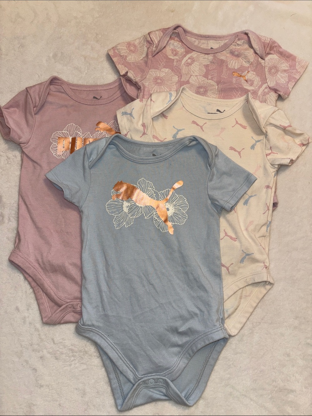 Puma Girls Short-Sleeve Onesie Set - Blue, Mauve, Cream